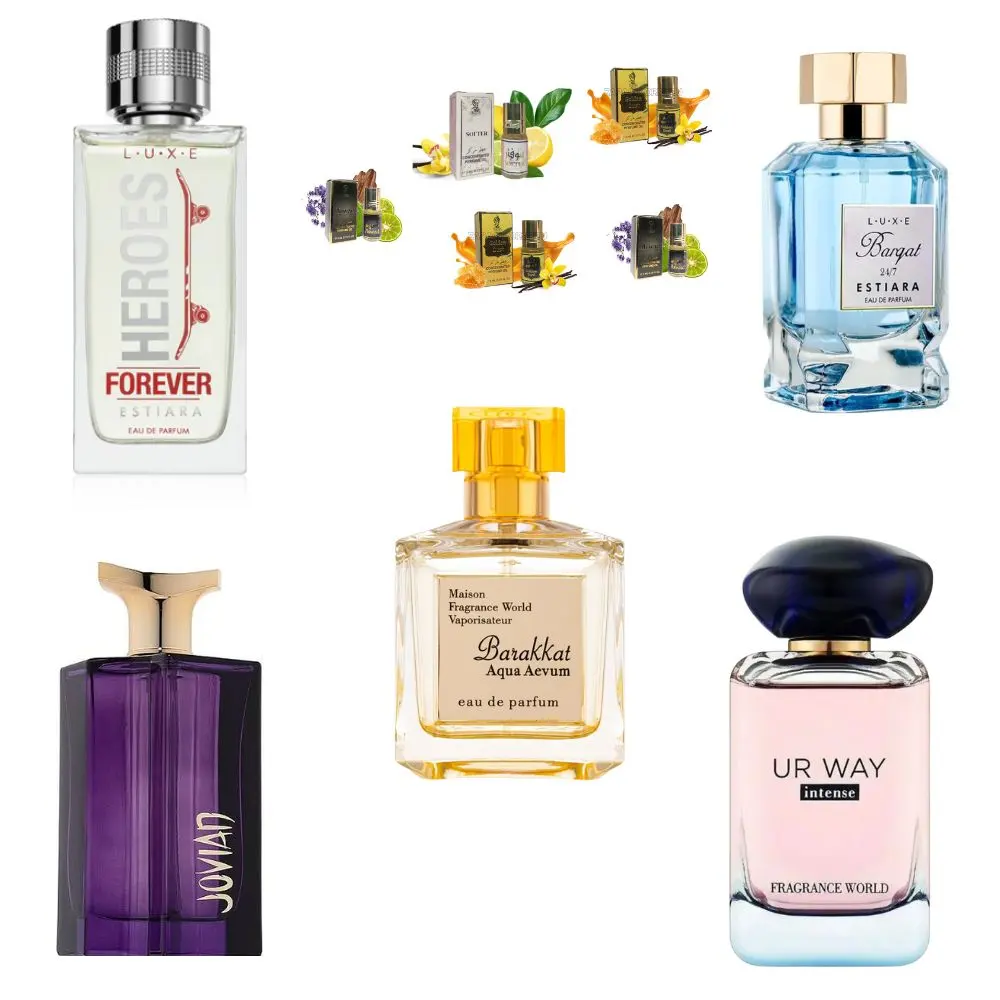 Fragrance World Jovian + Fragrance World Barakkat Aqua Aevum + Estiara Barqat 24/7 + Fragrance World Ur Way Intense + Estiara Heroes Forever + 5 подаръка